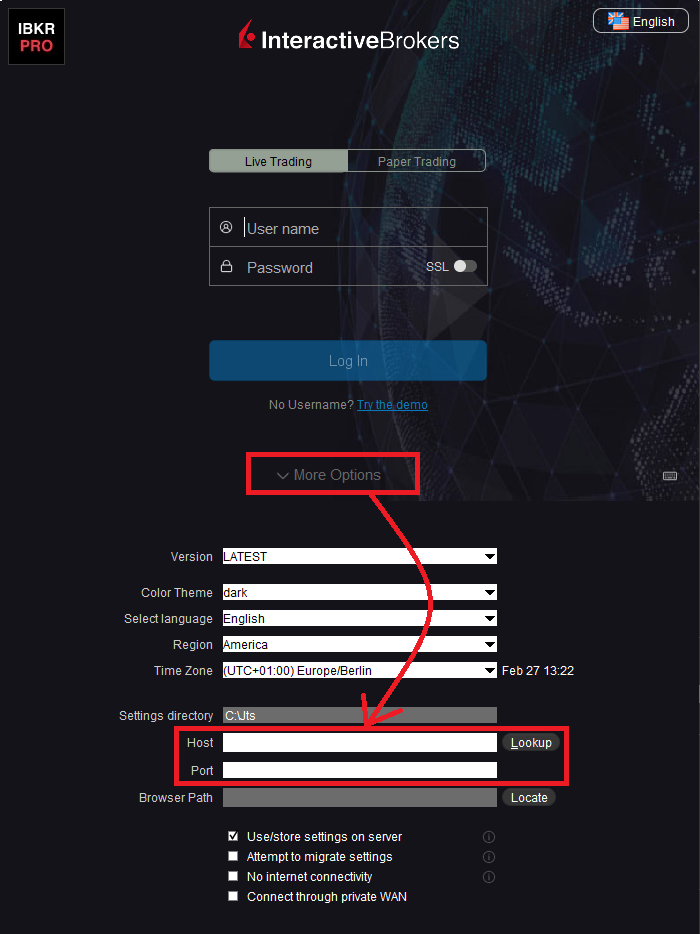 The tws login more options dropdown. 